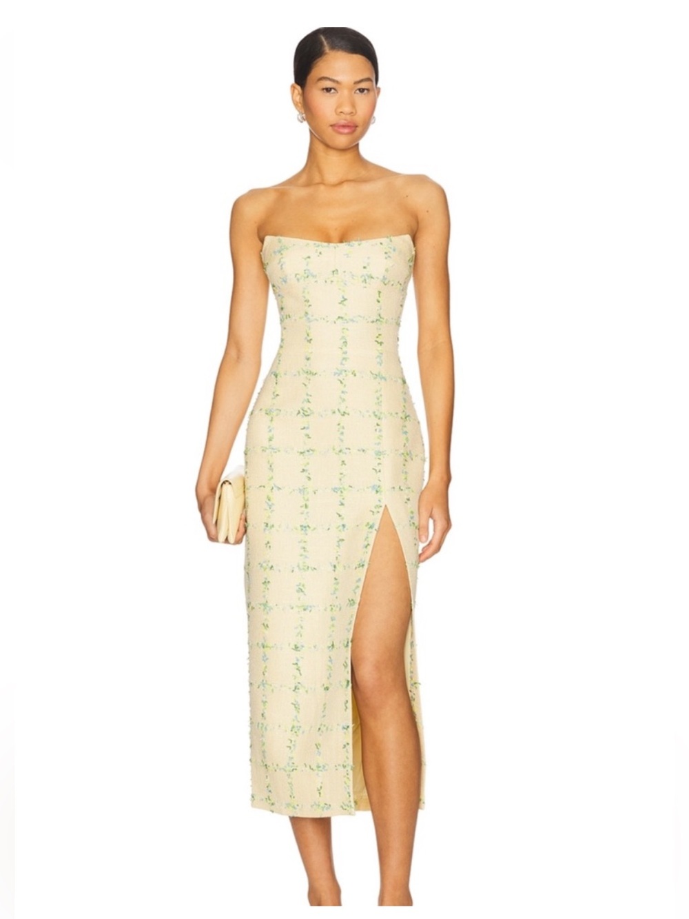 Amanda Uprichard Strapless Pale Yellow Floral Midi Dress with Side Slit